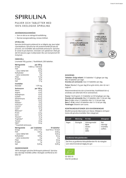 Holistic Spirulina ekologisk 250 tabletter