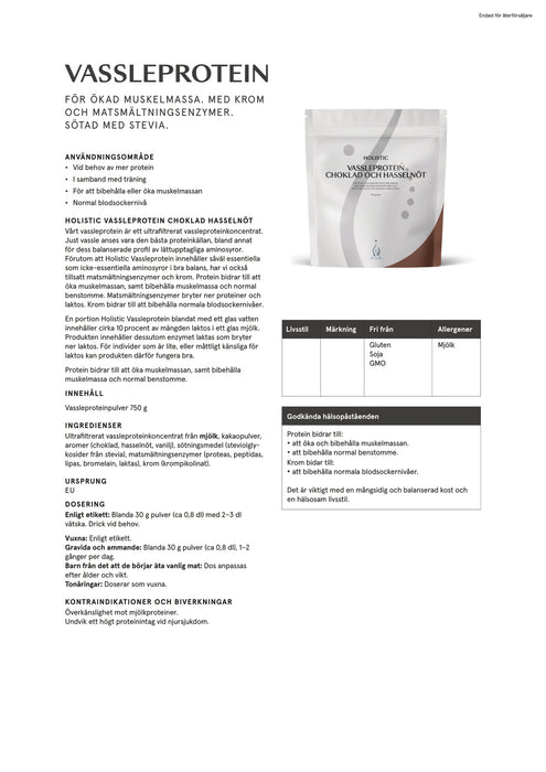 Holistic Vassleprotein choklad och hasselnöt 750 g