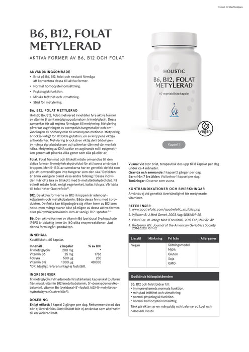 Holistic B6 B12 Folat metylerad 60 kapslar