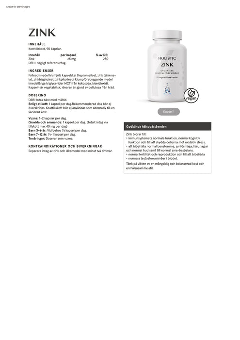 Holistic Zink 25 mg 90 kapslar