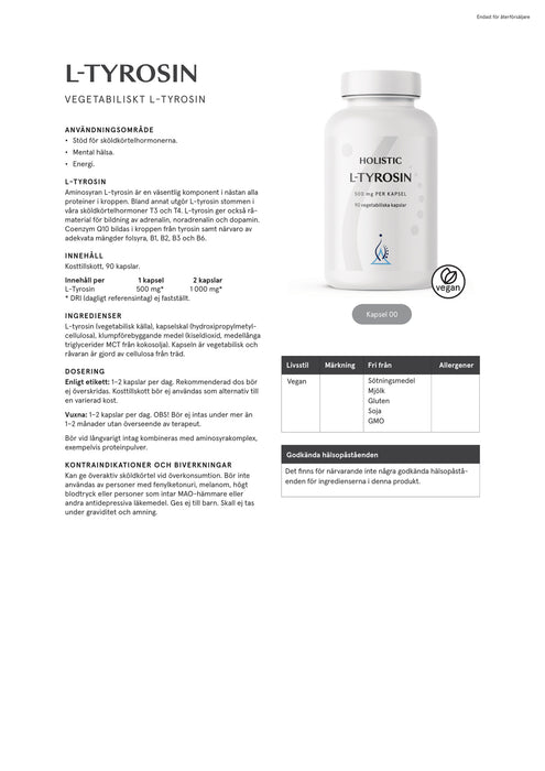 Holistic L-tyrosin 90 kapslar