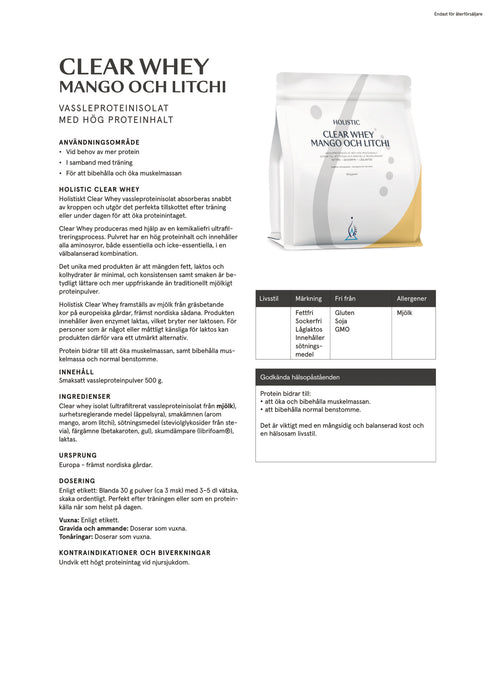 Holistic Clear Whey vassleproteinisolat mango och litchi 500g
