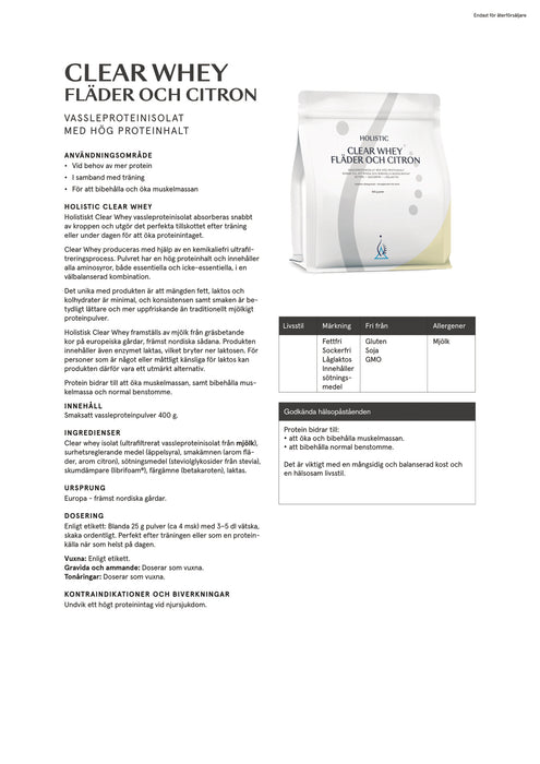 Holistic Clear Whey vassleproteinisolat fläder och citron 400g